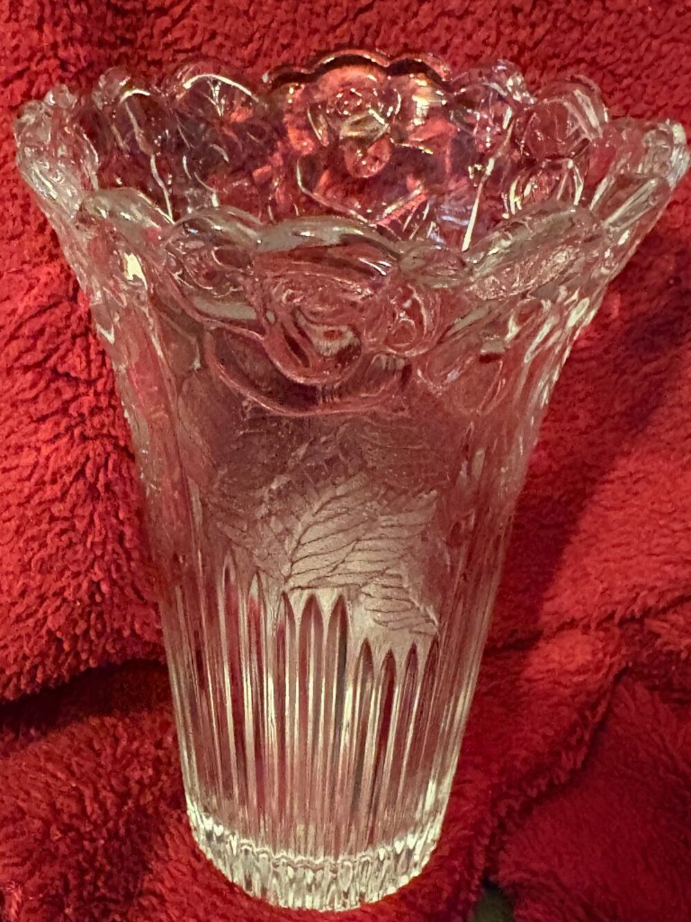 VTG 1960's Borgonovo Clear Glass Vase-Embossed Rose & Leaf Pattern-6"H-Italy-EUC